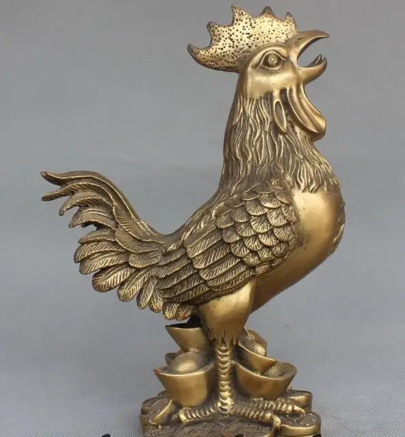 

S0949 10"Chinese Folk Bronze Wealth Yuanbao Money Coin Year Zodiac Rooster Cock Statue discount 30% (C0324)