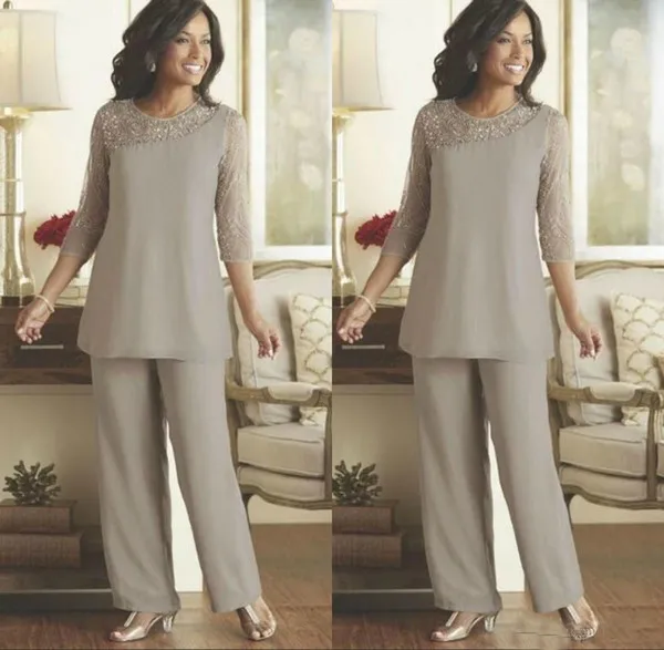 

2019 Mother Of The Bride Dresses Chiffon Pant Suit 2 Pieces Bead farsali Wedding Guest vestido de madrinha Silver Women madrinha