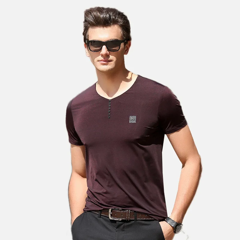 Высокого качества 2017 г. Летняя мужская Мода Гладкий шелк сплошной Цвет футболка с