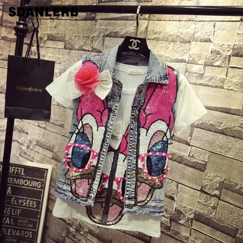 

European Style Gloria Jeans Coat Women New Fashion Embroidery Cartoon Sequins Waistcoat Girl Lady Slim Denim Vest Vests Tops