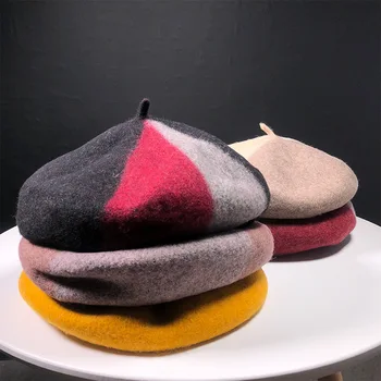 

100%Wool Winter Beret Hat Women Girls Casual Plaid Hats Female Solid Wool Thick Warm Caps High Quality