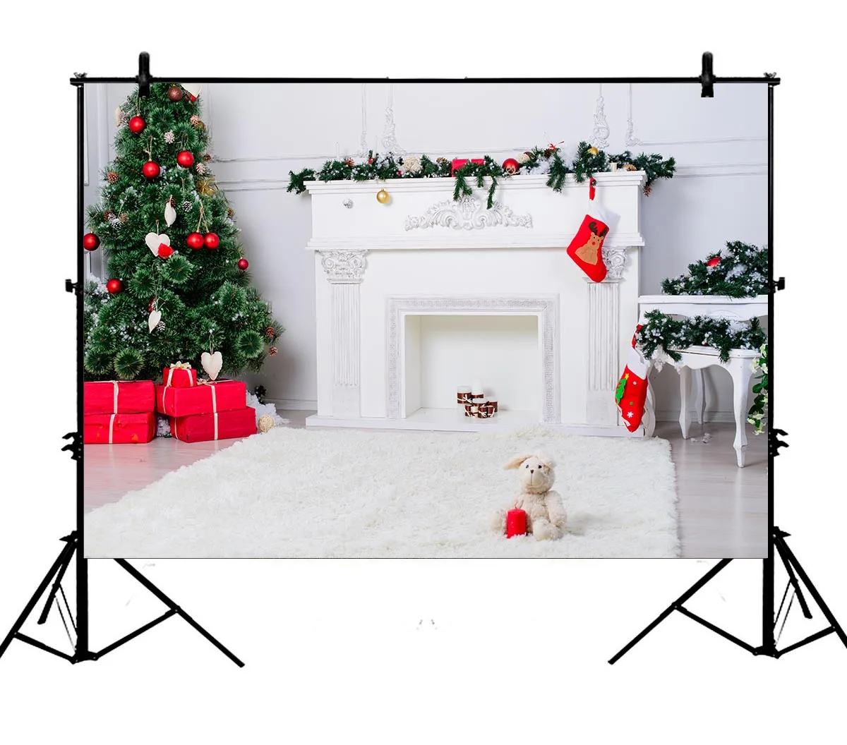 

5x7ft White Green Christmas Tree Fireplace Holiday Polyester Photo Background Portrait Backdrop