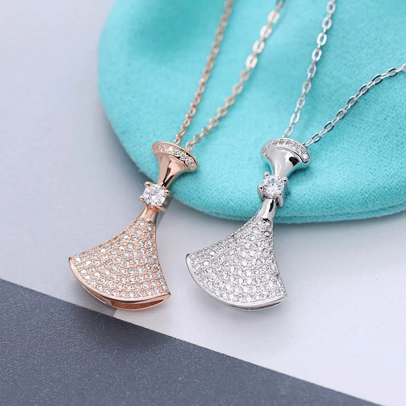 

18K rose gold or white gold plated sterling silver princess skirt pendant necklace whole skirt setting shiny cz Length 42-45cm