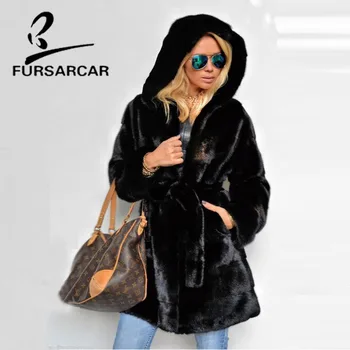 

FURSARCAR New Luxury Real Mink Fur Coats Women Winter Warm Thick Female Natural Fur Coat With Hood Long Style Black Fur Jacket
