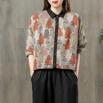 

2019 Hot Sale Spring Floral Print Button Loose Blouse Turn-Down Collar Women Cotton Linen Patchwork Vintage Shirts