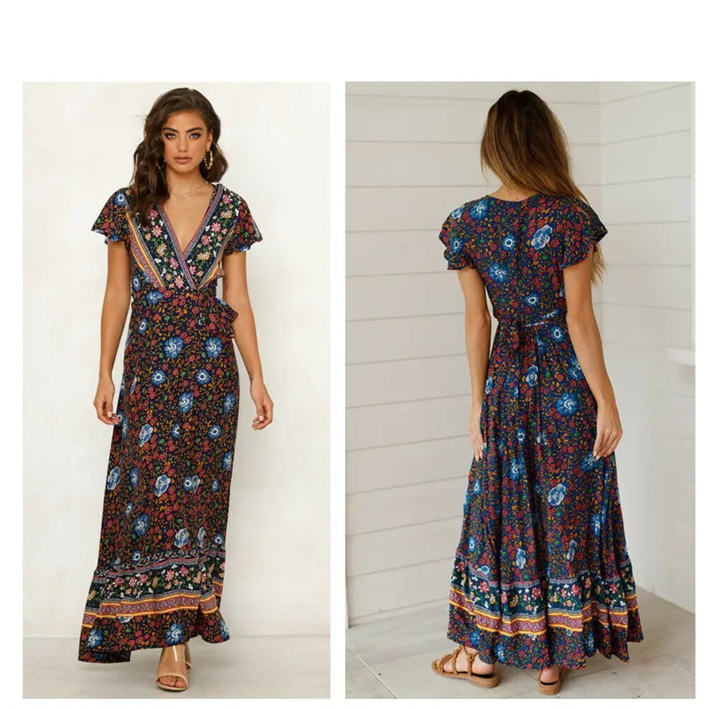 Женское богемное летнее вечернее пляжное платье с цветочным рисунком, короткое длинное платье макси, сарафан - Цвет: As photo shows
