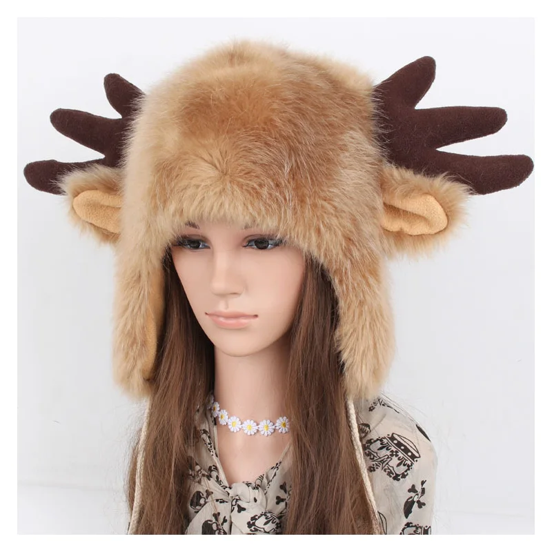 

Autumn Winter Cute Cartoon Antler Hat For Women Earflap Hat Faux Fur Russian Hat Unisex Deer Head Hat Sheep Rabbit OX Bomber Hat