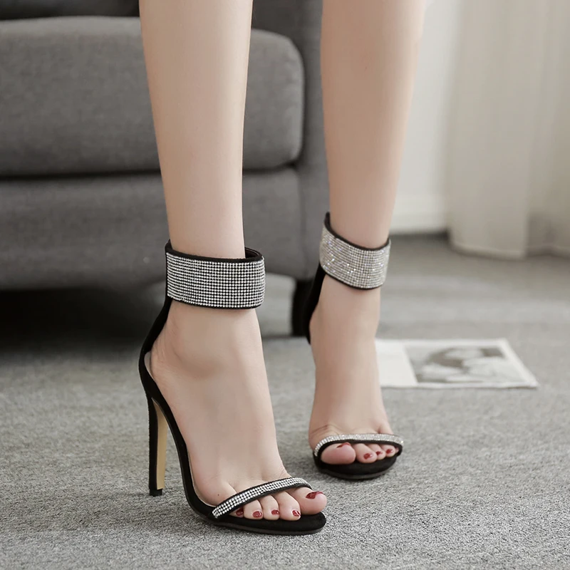 Summer Black High Heel Rhinestone Sandals Women Suede Shoes 2018 New