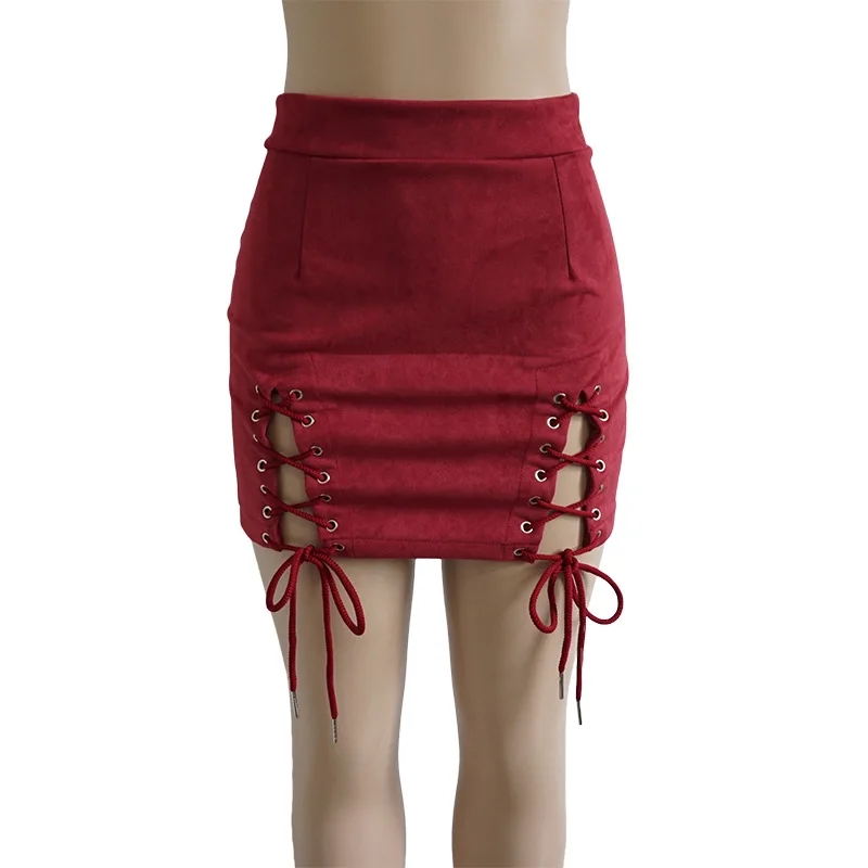 Женская юбка в европейском стиле, Новое поступление, открытая замшевая, на шнуровке, до середины бедра, Осень-зима, мини юбки, vestidos SJVD5027
