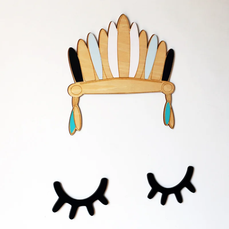 Нордическая 1 шт. деревянная индийская перьевая Корона и 1 пара деревянная ресница для детской комнаты украшение стены реквизит для фотосъемки