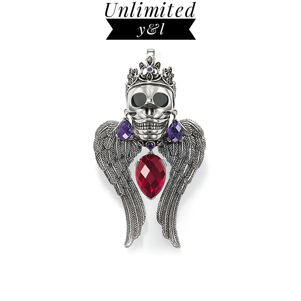

Crown Feather Skull Pendant Red&Purple Stone Fashion Jewelry Necklace Silver Skeleton Necklace Pendant for Women Men 2018 New