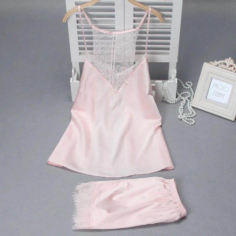 Sexy Pink Silk Satin Slip Sleep Shirt Crop Tops Shorts Set Women