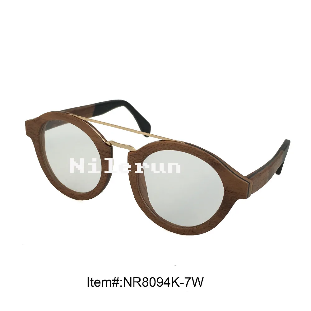 

round metal walnut wood optical eyeglasses