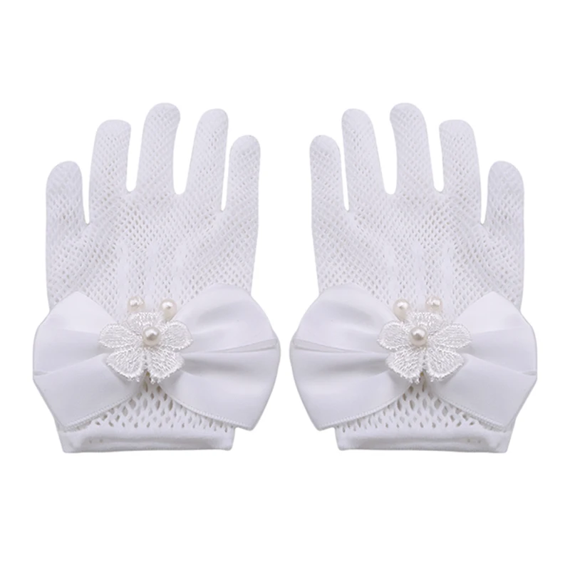 Белые кружевные ажурные перчатки с искусственным жемчугом, с бантом, для причастия, с цветами, для девочек 4-15 лет, Детские вечерние, свадебные, торжественные аксессуары