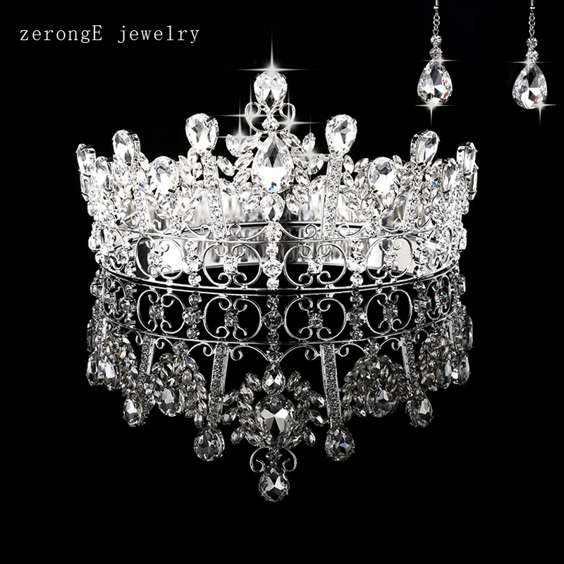 ZerongE jewelry3." Роскошная Королевская корона диадема блестящая Хрустальная маскарадная корона с ювелирными серьгами