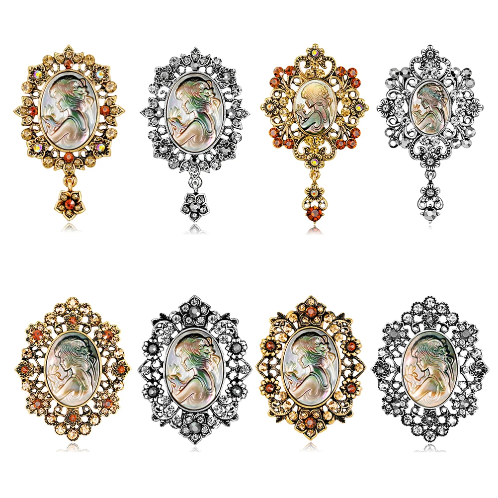 

Rhinestone Trendy Painting Hollow Out Flower Vintage Style Beauty Head Brooch Elegant Antique Wedding Bouquet Brooch Pins