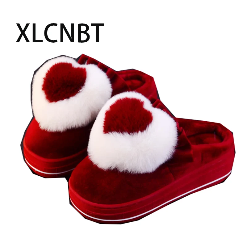 

Love cotton mop slipper high heel platform outdoor keep warm slipper winter cotton fabric lovely plush slipper furry women