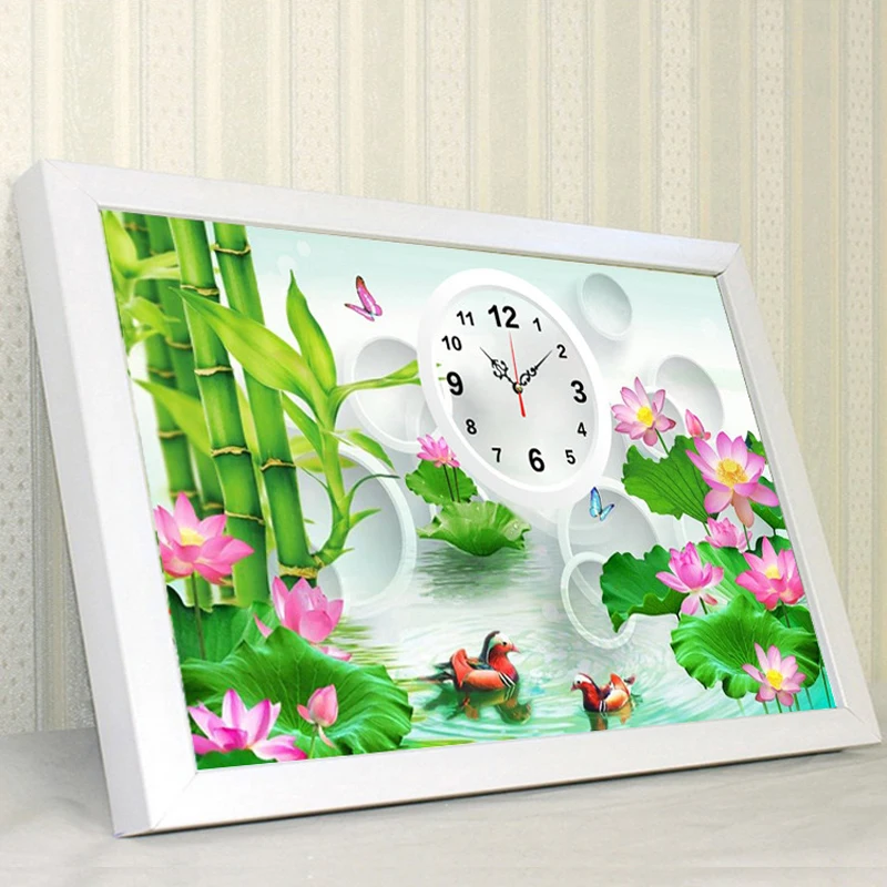 

Lotus Flowers 5D DIY Diamond Embroidery, Full Round Drill Diamond Painting, Wall Decorative Clocks Paintings