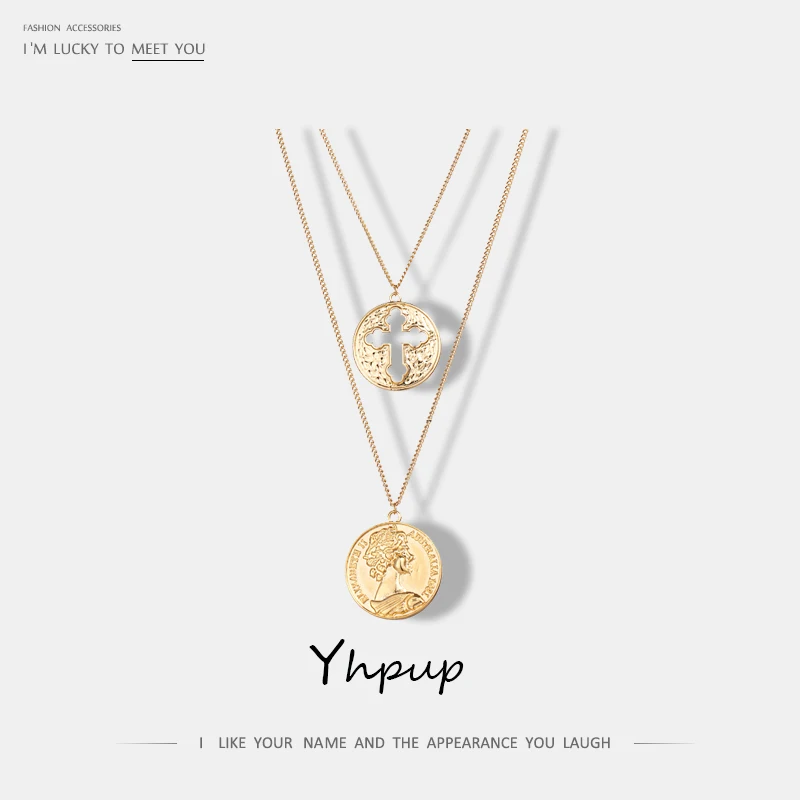 

Yhpup New 2019 Trendy Vintage Ethnic Portrait Cross Pendant Multilayer Necklace Charm Gold Boho Metal Necklace For Women Jewelry