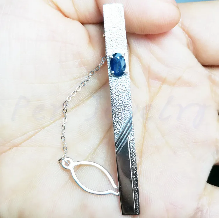 Мужской зажим для галстука натуральный настоящий сапфир Серебро 925 пробы ювелирные украшения 0.6CT драгоценный камень C8052804