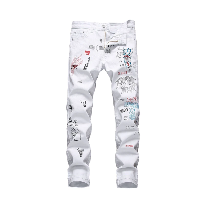 ABOORUN мужские повседневные джинсы с принтом Slim fit джинсовые узкие брюки fit Белые прямые джинсовые брюки для мужчин R1384 - Цвет: white