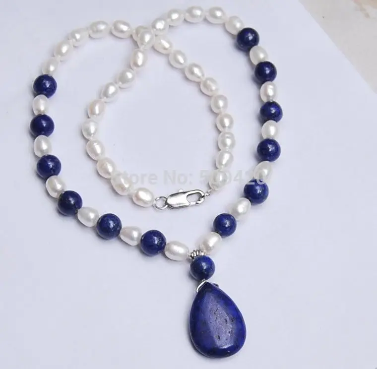 

Free Shipping >> 7-8MM White Akoya Pearl & Lapis Lazuli Pendant Necklace 18