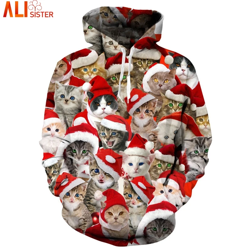 Cute Kitten Cats Christmas Hoodies Sweatshirt Men Unisex Hoody Tops Pullover Tracksuit