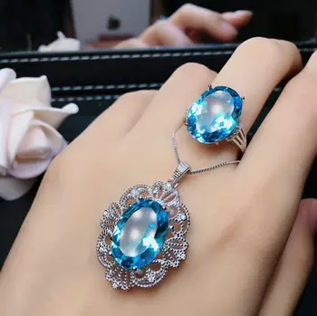 

MeiBaPJ Ultra Deep London Blue Natural Topaz Jewelry Set 925 Pure Silver Ring Pendant Necklace 2 Suits Wedding Jewelry for Women
