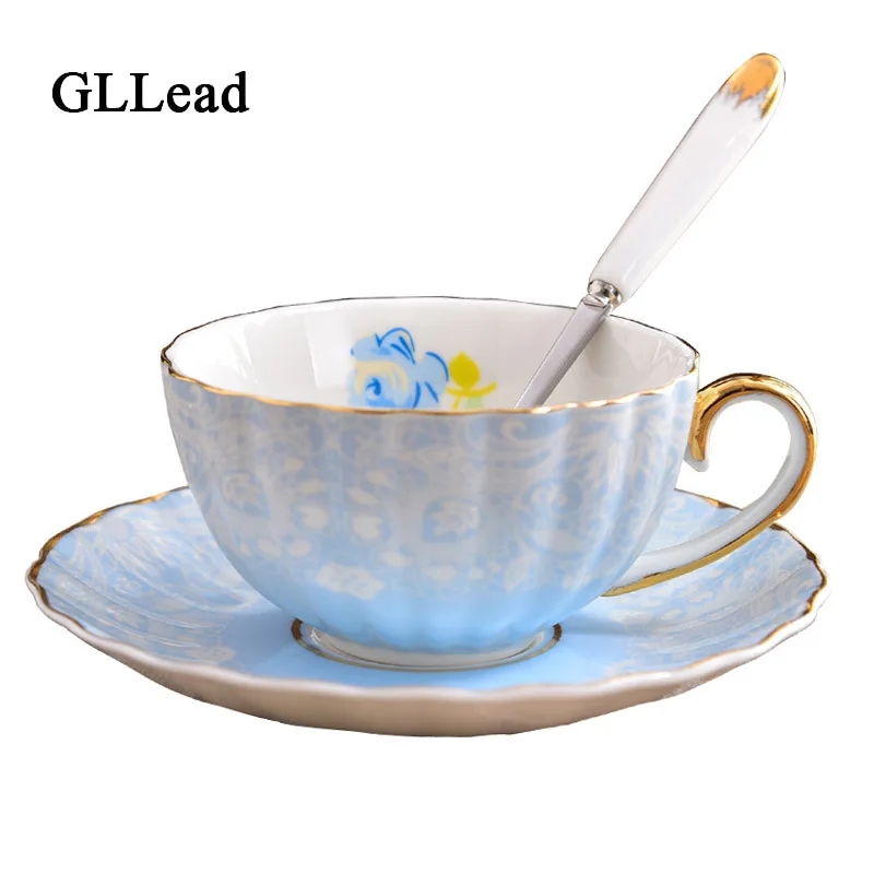 

GLLead Eruopean Style Bone China Flower Tea Cups Ceramic Coffee Cup Saucer And Spoon Sets Afternoon Tea Teacup Porcelain Gifts