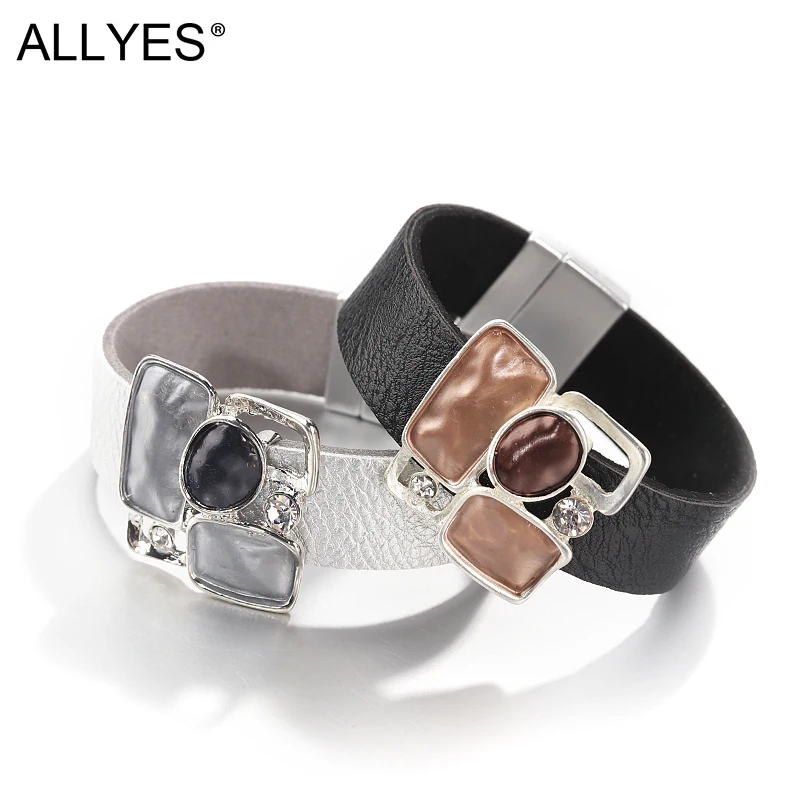 

ALLYES Square Alloy Leather Bracelets Women Jewelry 2019 Fashion Ladies Bohemian Metal Charm Multilayer Wide Wrap Bracelet