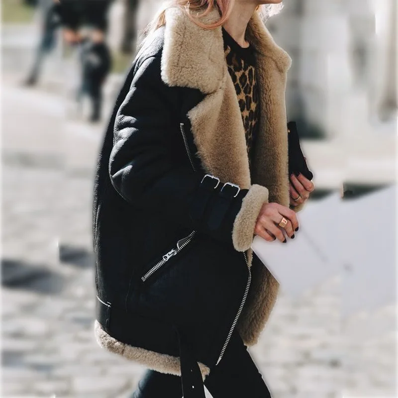 Модная женская байкерская куртка-Авиатор на флисовой подкладке, пальто, зимний теплый плащ с лацканами, кожаные женские зимние куртки с длинными рукавами, пальто