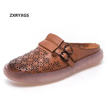 

2019 Summer round head hollow cowhide women leather slippers women sandals comfortable soft pregnant mother shoes flat sandals