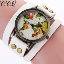 Ccq marca moda mujer colorido mapa del mundo reloj de las mujeres ocasionales quartzwatch estilo vintage de cuero genuino reloj de pulsera c90