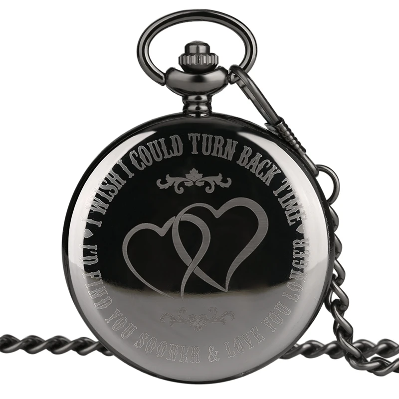 I WISH I COULD TURN BACK TIME Theme Retro Black Smooth Quartz Pocket Watch Engraved LOVE 2