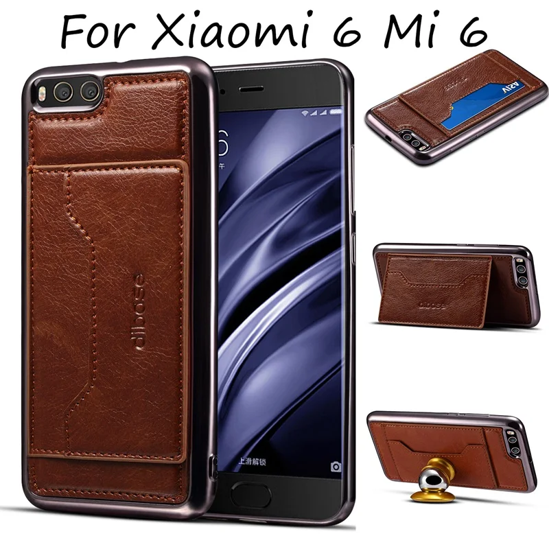 New Fashion Leather Phone Stand Back Cover with Card Slot and Strap Coque for Xiaomi Mi 6 Mi6 Case Luxury 360 Degree Shockproof