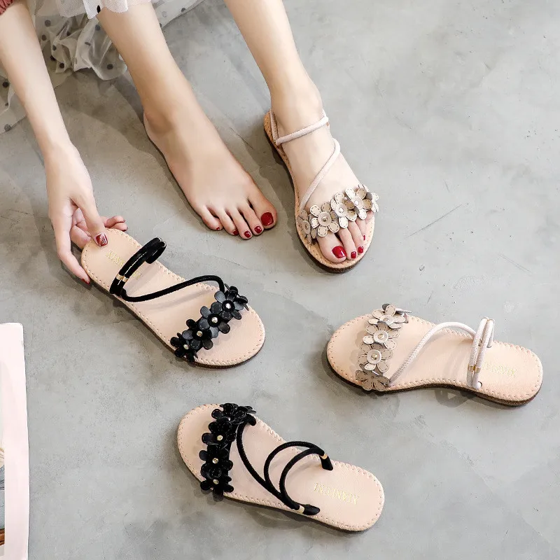 

women low heels gladiator sandals slip on flower genuine leather summer shoes simple slippers flat beach laides sandals size 41
