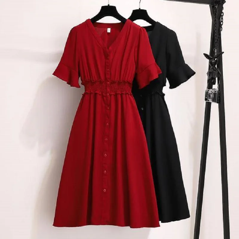 

L-5XL Summer Short Sleeve Women Dress Casual V-neck Plus Size Loose Dress Fashion Solid A line Lady Button Plus size Dresses