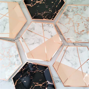 

8pcs Pastel Pink with Rose Gold Paper Plates Foil Rose Marble Design Black/Pink Bridal Shower Cake Table Birthday Party Favor