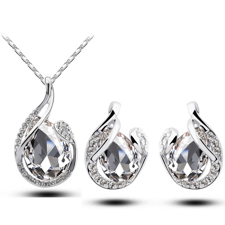 Trendy su damlası Pedants kolye + kadın küpe düğün takısı setleri Cz