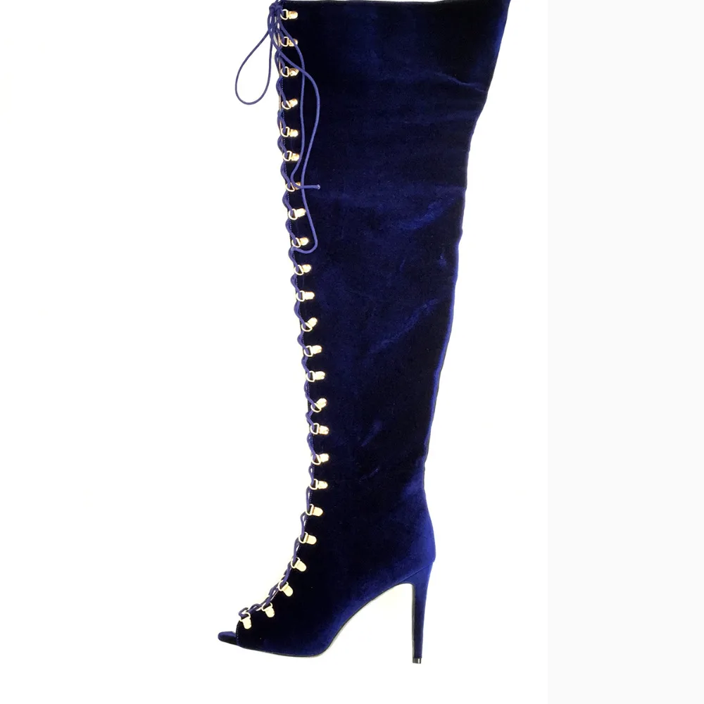 La Encima Toe Fiesta Alto Peep Las Oscuro Azul Blue Terciopelo Largo Por Lado Rodilla Aiyoway De Invierno beige Vestido Botas Tacón Mujeres Moda Dark nxtfxvY4