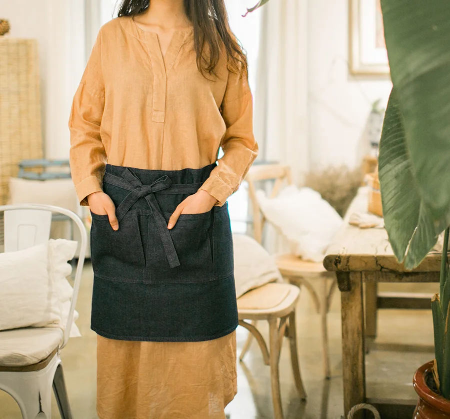 

Summer cotton thin denim multi-pocket function half-length apron