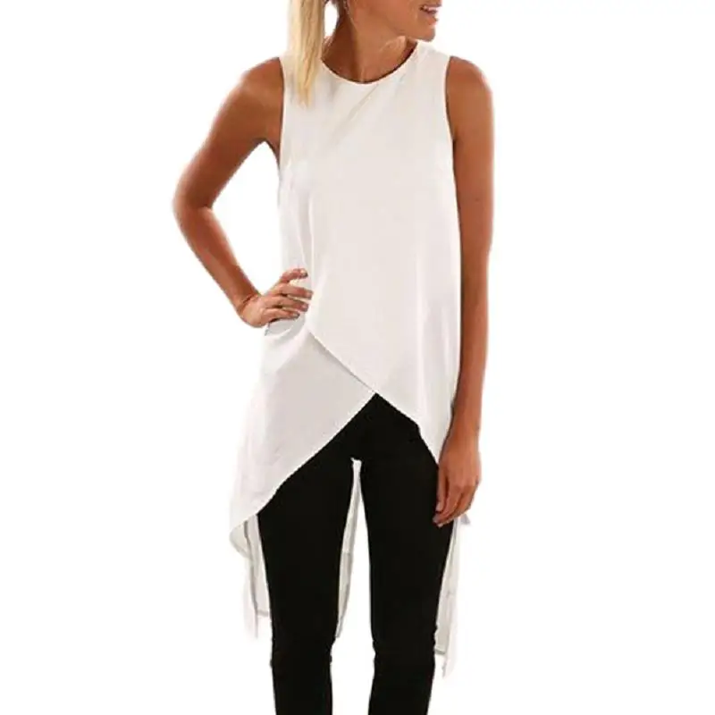 Dreszdi Summer Casual Black Tank Top Women High Split Back Sleeveless Blouse Cool Hi-Low Hem Ladies White Tops S-XXL 