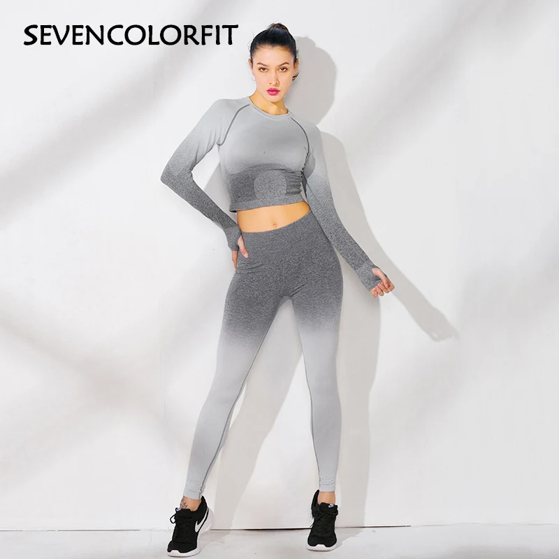 Sevencolorfit йога бесшовные леггинсы комплект и топ наборы 2 шт. вязанный омбер женский спортивный костюм для фитнеса тренажерный зал тренировки Спортивная одежда Новинка