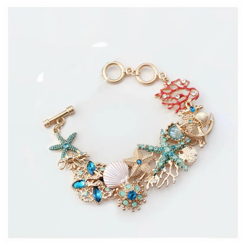 

Sea Element Series Bracelet Marine Starfish Seahorse Shell Charms Bracelet Bohemia Style Colorful Cystal Rhinestone 10pcs/Lot