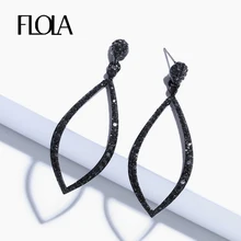 FLOLA negro pequeña pendiente aro para mujer lágrima de diamante de imitación de cristal pendiente circular negro joyería de moda pendientes de aro ersp02