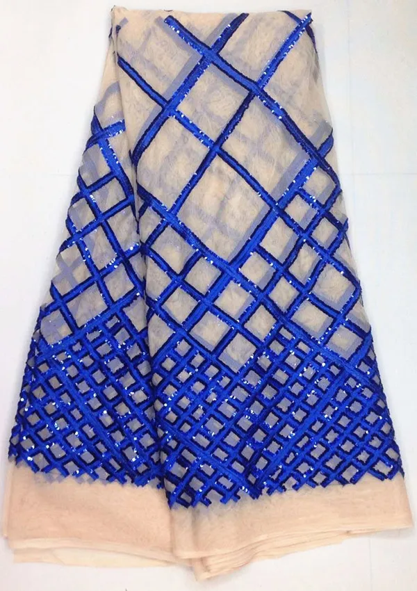 

5 Yards/pc Popular beige french net lace fabric with royal blue sequins design african mesh lace for dress LJ9-1
