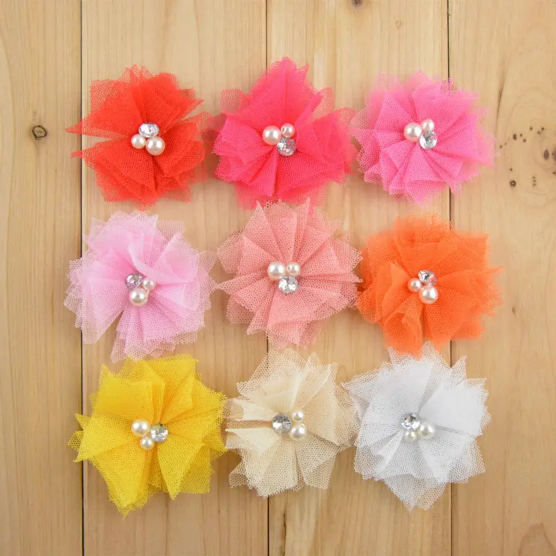 

20pcs/lot 2" Mini Tulle Mesh Flowers With Rhinestone Pearl Center Hair Accessories 18color For Choose F27
