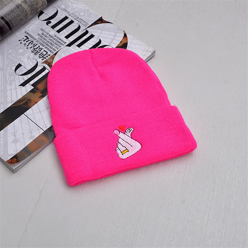 

Fashion 2017 new style hot selling love finger embroidery beanie hat cute aduit winter knitted hats FOR Couples