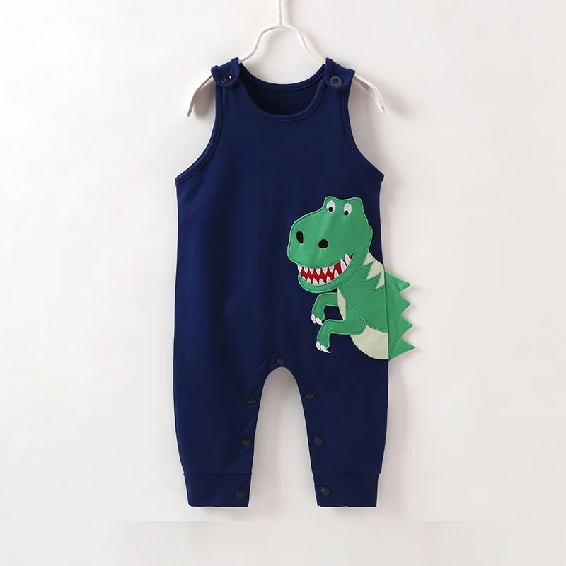 

Cotton navy blue fashion boy girl dinosaur applique children overalls romper