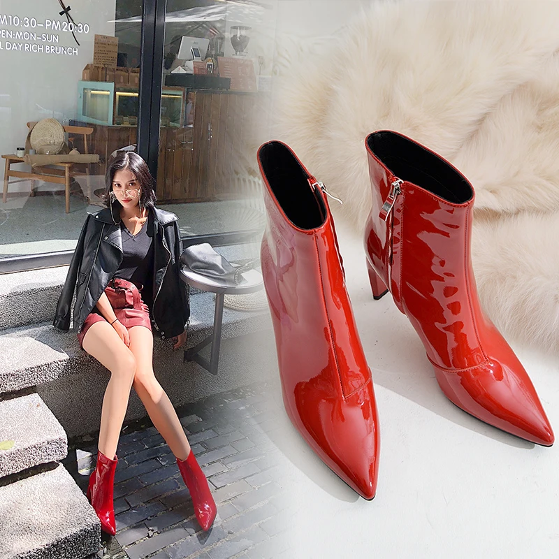 

Vangull Women Genuine Leather Boots fashion Handmade cow leather short boots Martin boots Soft patent leather high heel booties